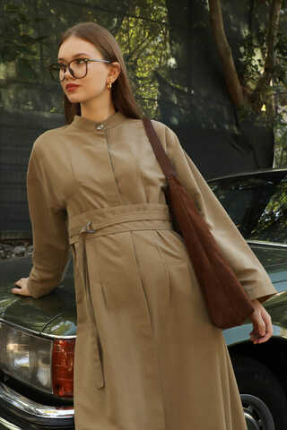 Biye Detaylı Kemerli Elbise Camel - 1