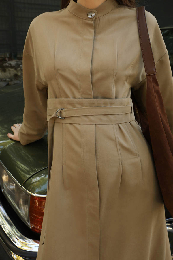 Biye Detaylı Kemerli Elbise Camel - 10