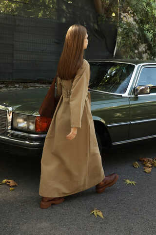 Biye Detaylı Kemerli Elbise Camel - 11