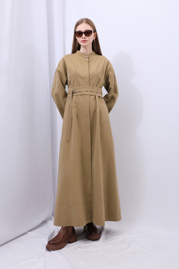Biye Detaylı Kemerli Elbise Camel - 12