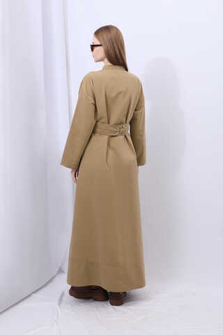 Biye Detaylı Kemerli Elbise Camel - 17
