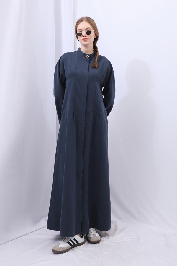 Biye Detaylı Kemerli Elbise Lacivert - 2