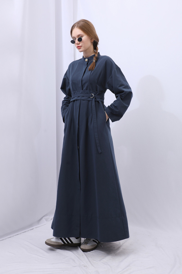 Biye Detaylı Kemerli Elbise Lacivert - 4