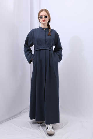 Biye Detaylı Kemerli Elbise Lacivert - 5