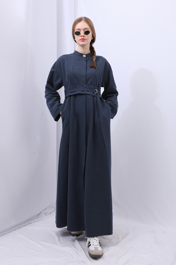 Biye Detaylı Kemerli Elbise Lacivert - 5