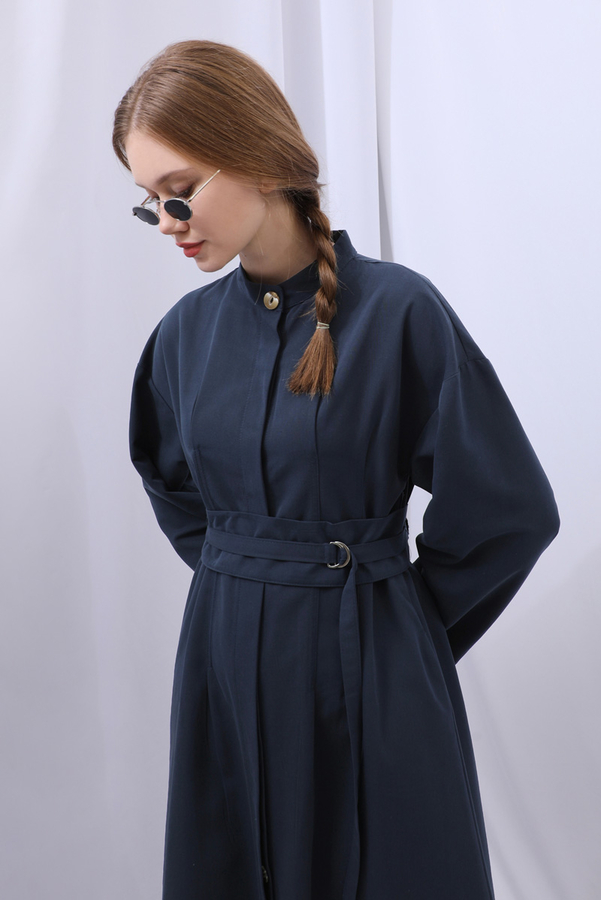 Biye Detaylı Kemerli Elbise Lacivert - 7