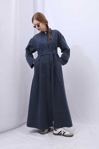 Biye Detaylı Kemerli Elbise Lacivert - 6