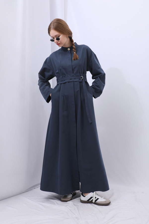 Biye Detaylı Kemerli Elbise Lacivert - 6