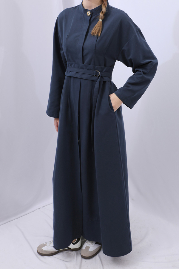 Biye Detaylı Kemerli Elbise Lacivert - 1