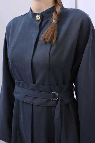 Biye Detaylı Kemerli Elbise Lacivert - 8