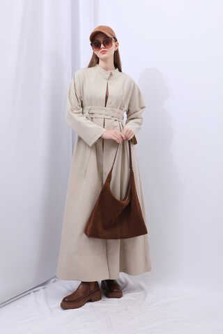 Biye Detaylı Kemerli Elbise Taş - 4