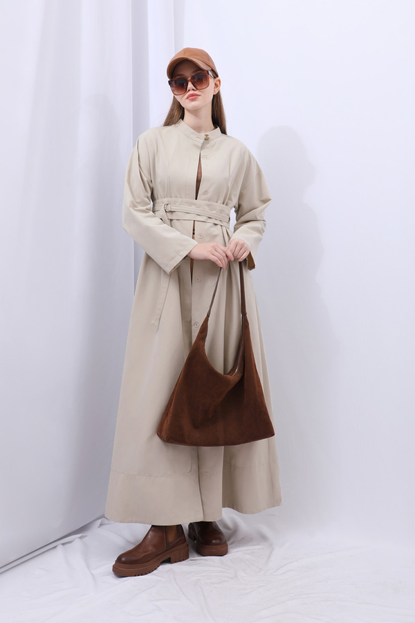 Biye Detaylı Kemerli Elbise Taş - 4