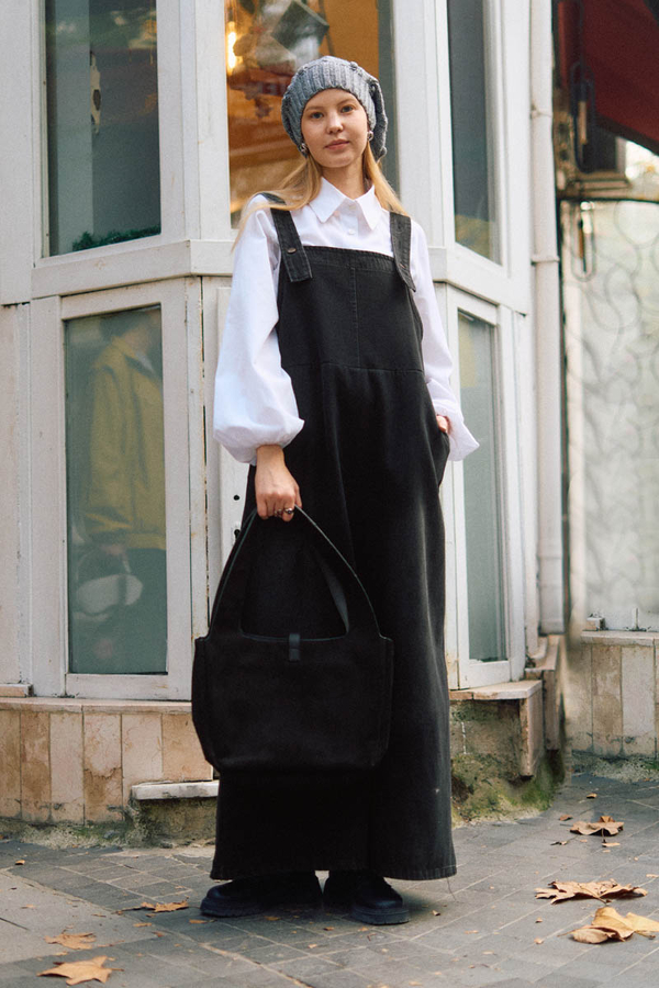 Biye Kuşaklı Denim Jumper Dress Black