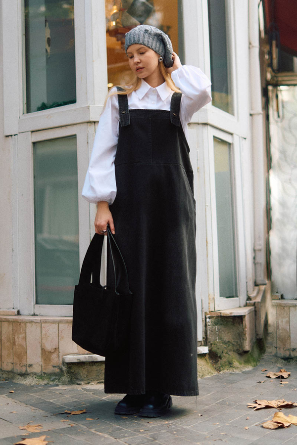 Biye Kuşaklı Denim Jumper Dress Black - 2