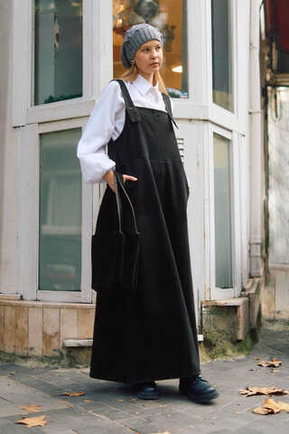 Biye Kuşaklı Denim Jumper Dress Black - 3
