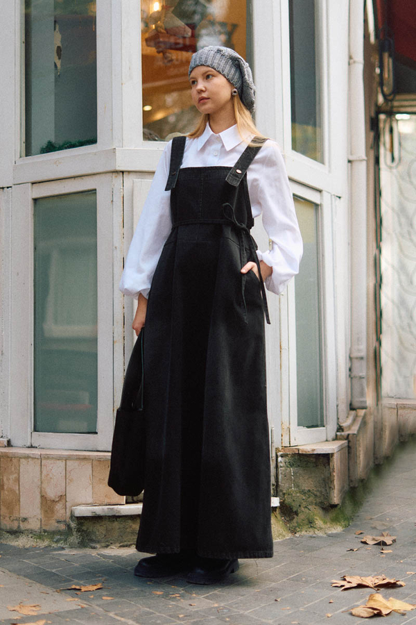 Biye Kuşaklı Denim Jumper Dress Black - 6
