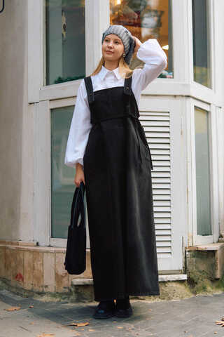 Biye Kuşaklı Denim Jumper Dress Black - 7