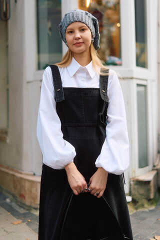 Biye Kuşaklı Denim Jumper Dress Black - 8