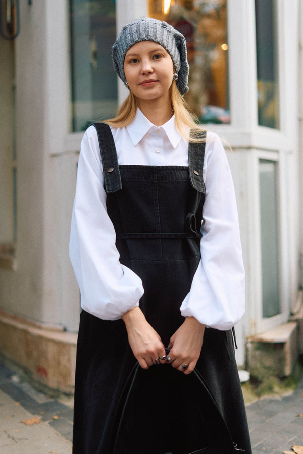 Biye Kuşaklı Denim Jumper Dress Black - 8