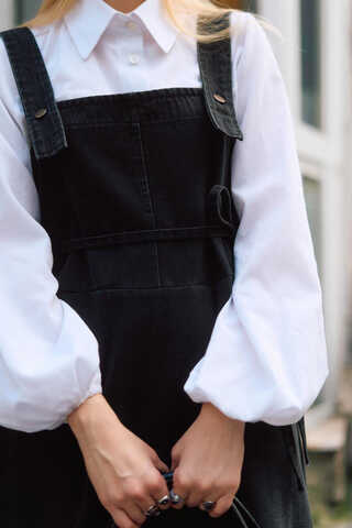 Biye Kuşaklı Denim Jumper Dress Black - 9