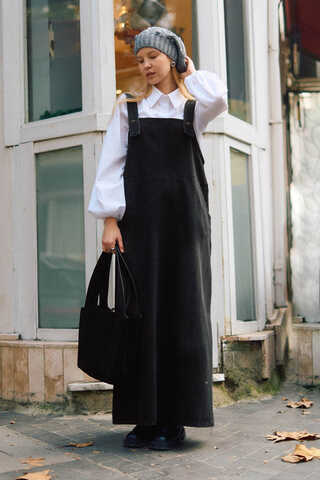 Biye Kuşaklı Denim Jumper Dress Black - 2