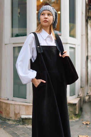 Biye Kuşaklı Denim Jumper Dress Black - 4