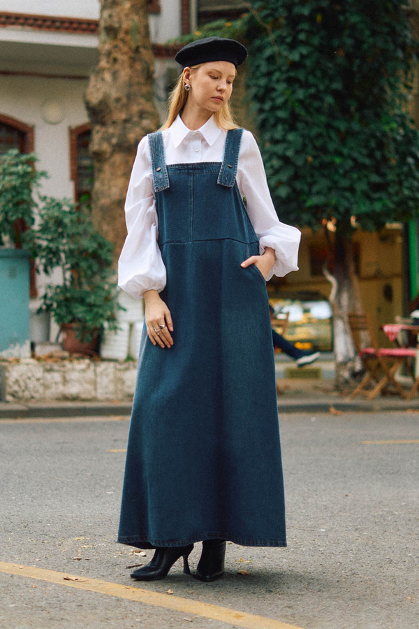 Biye Kuşaklı Denim Jumper Dress Blue - 3