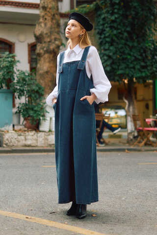 Biye Kuşaklı Denim Jumper Dress Blue - 5