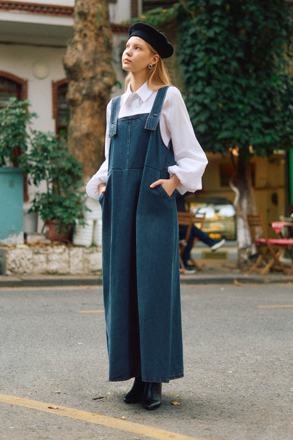 Biye Kuşaklı Denim Jumper Dress Blue - 5