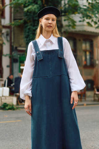 Biye Kuşaklı Denim Jumper Dress Blue - 6