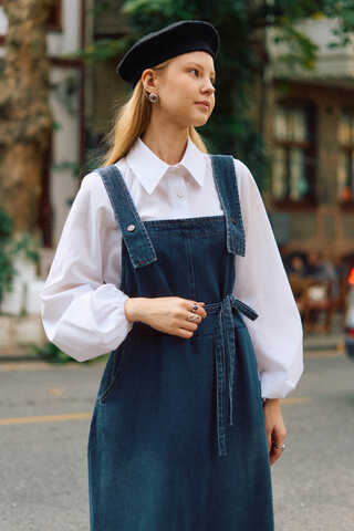 Biye Kuşaklı Denim Jumper Dress Blue - 7