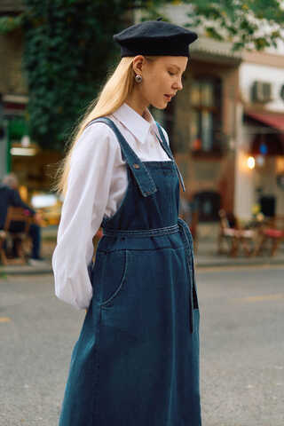 Biye Kuşaklı Denim Jumper Dress Blue - 10