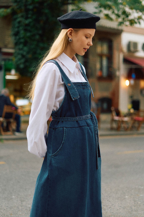 Biye Kuşaklı Denim Jumper Dress Blue - 10