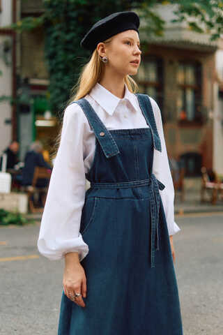 Biye Kuşaklı Denim Jumper Dress Blue - 11