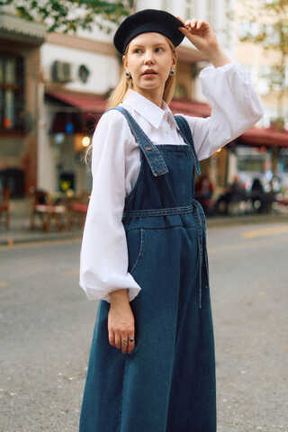 Biye Kuşaklı Denim Jumper Dress Blue - 12