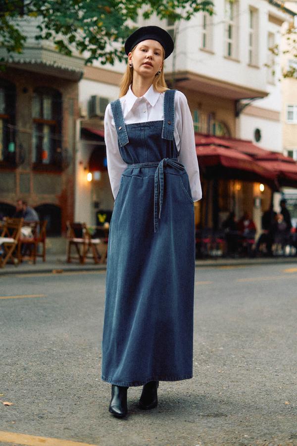 Biye Kuşaklı Denim Jumper Dress Blue - 9
