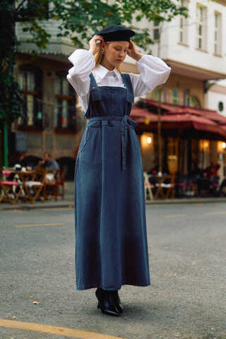 Biye Kuşaklı Denim Jumper Dress Blue - 4