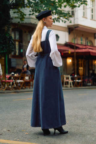 Biye Kuşaklı Denim Jumper Dress Blue - 13