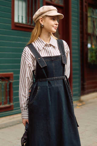 Biye Kuşaklı Denim Jumper Dress Dark Blue - 6