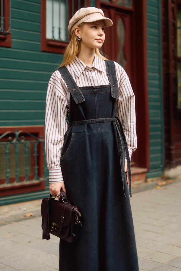 Biye Kuşaklı Denim Jumper Dress Dark Blue - 8