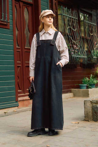 Biye Kuşaklı Denim Jumper Dress Dark Blue - 3