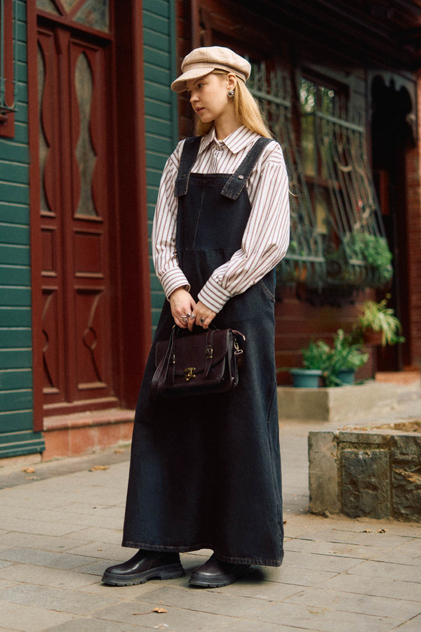 Biye Kuşaklı Denim Jumper Dress Dark Blue - 5