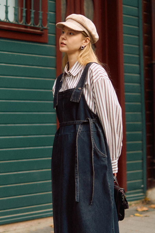 Biye Kuşaklı Denim Jumper Dress Dark Blue - 2