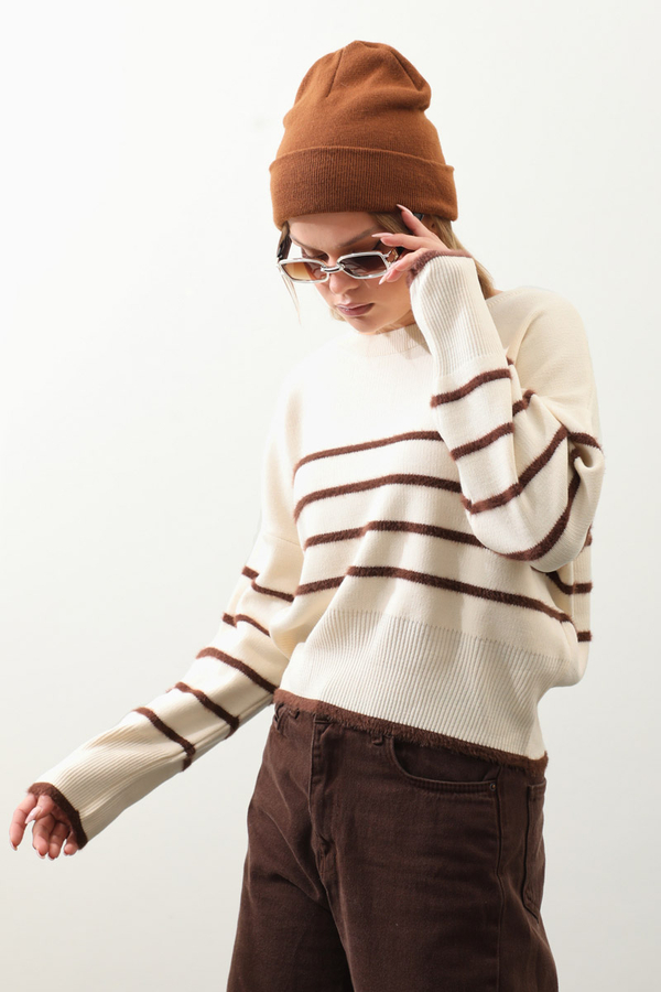 Biyeli Kısa Kazak Krem - 5