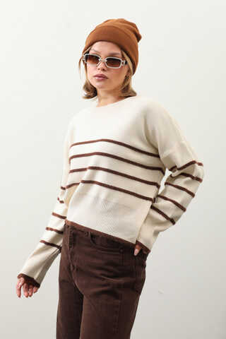 Biyeli Kısa Kazak Krem - 1