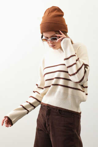 Biyeli Kısa Kazak Krem - 5