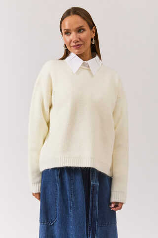 Biyeli Oversize Kazak Beyaz - 4