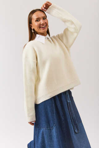 Biyeli Oversize Kazak Beyaz - 9
