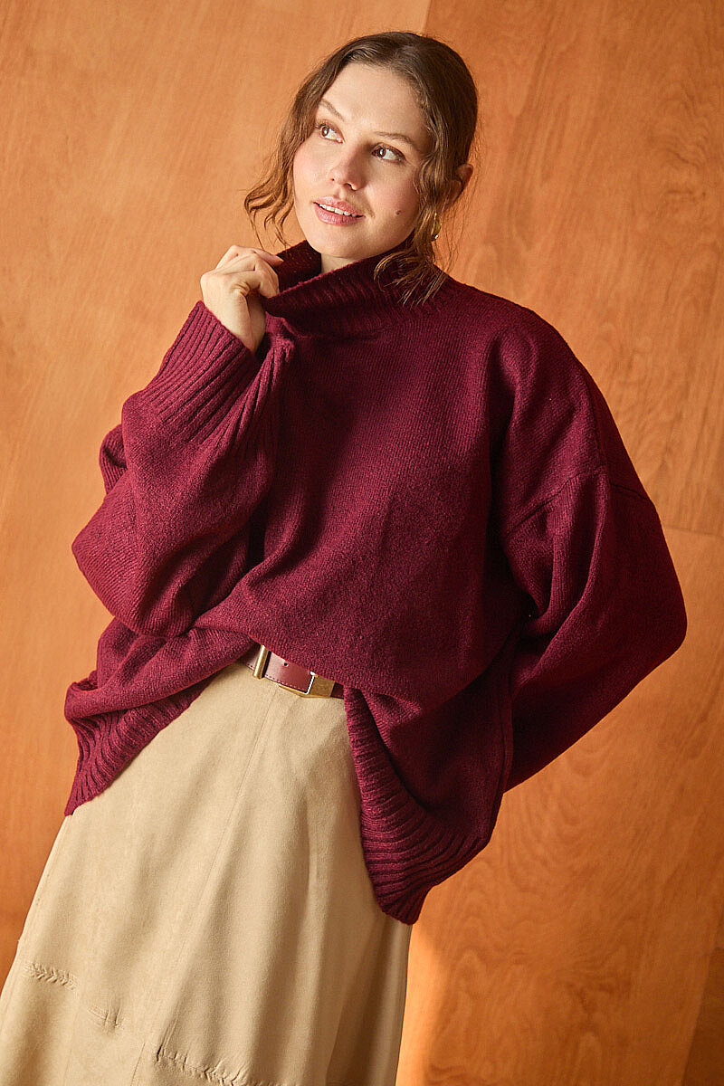 Boğazlı Basic Triko Kazak Bordo - 2