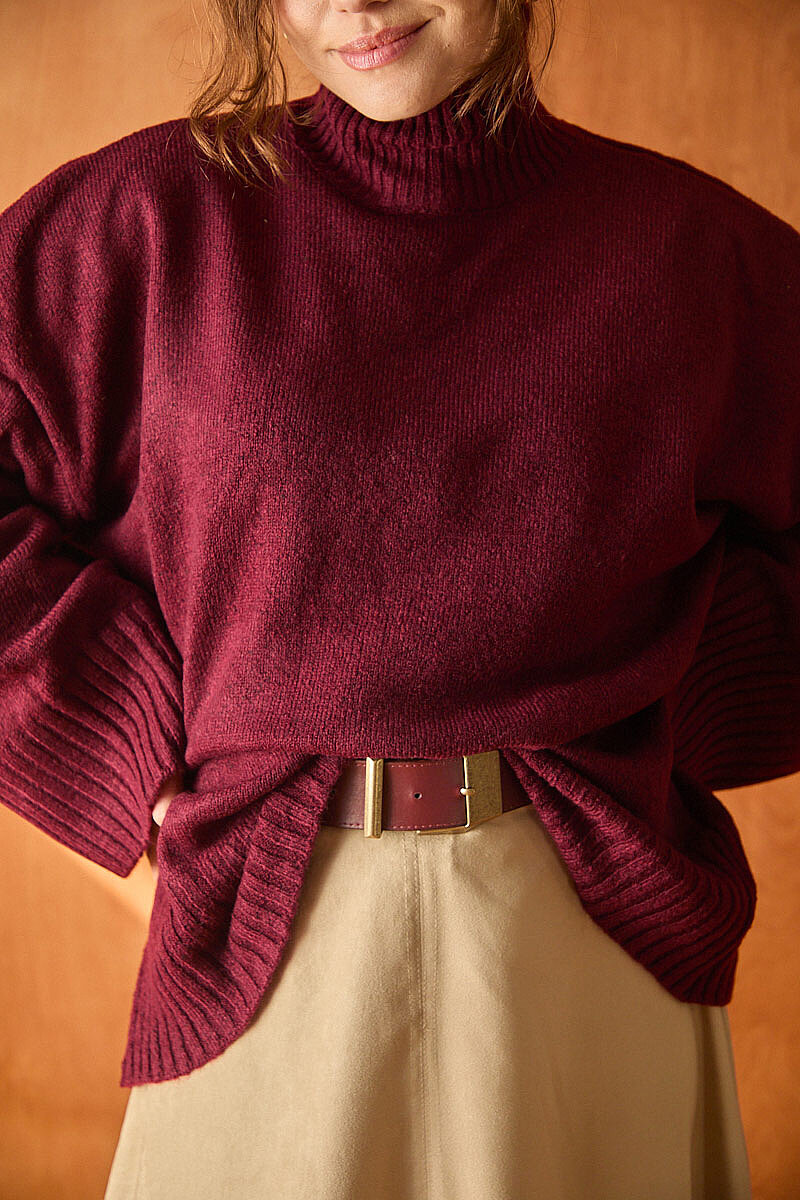 Boğazlı Basic Triko Kazak Bordo - 3